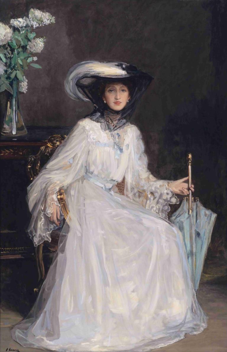 Evelyn Farquhar,Sir John Lavery,Oil Painting,Oil Painting, 1girl, white dress, umbrella, dress, solo, hat