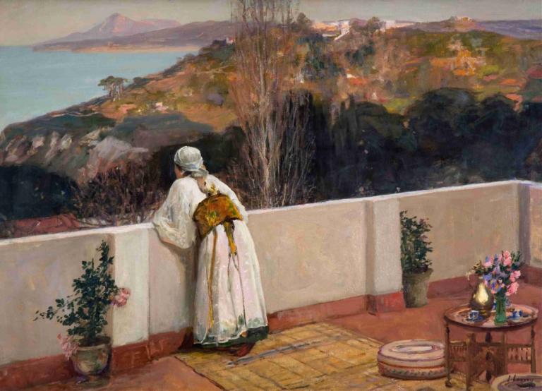 Evening, Tangiers,Avond, Tanger,Sir John Lavery,Olieverf,Olieverf, solo, 1meisje, tafel, plant, bloem, vaas