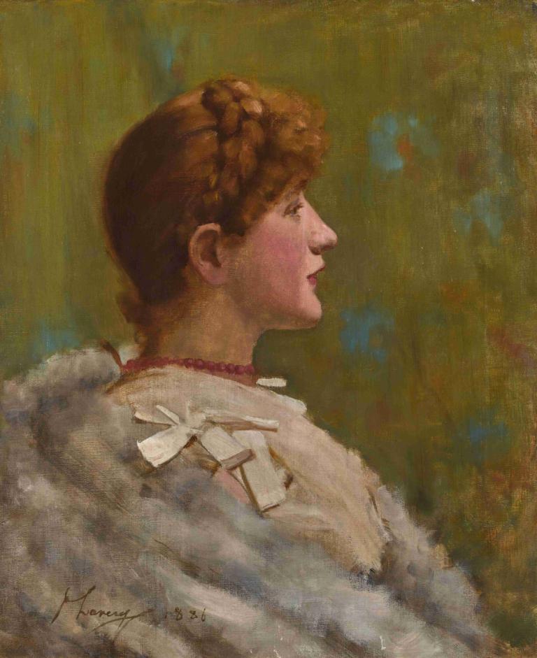 Girl In A Fur Wrap,Sir John Lavery,Oil Painting,Oil Painting, 1girl, solo, brown hair, profile, signature