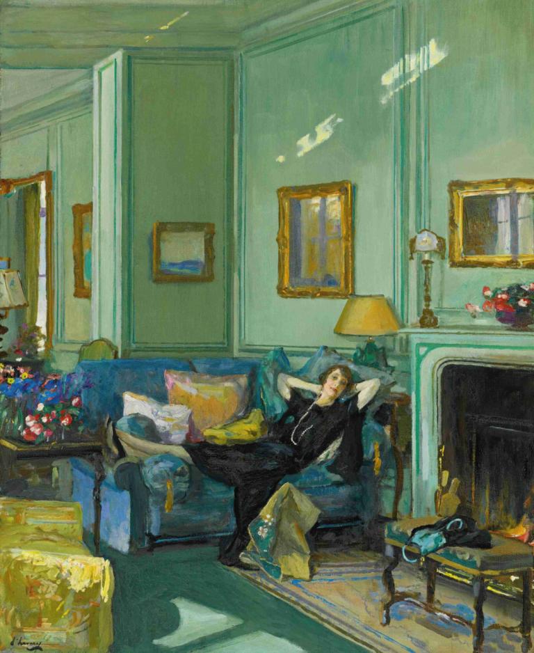 Mrs. Osler,Fru Osler,Sir John Lavery,Oljemålning,Oljemålning, soffa, 1 pojke, solo, manligt fokus, inomhus