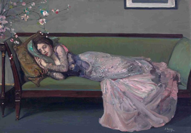 The Green Sofa,Den gröna soffan,Sir John Lavery,Oljemålning,Oljemålning, 1 tjej, solo, soffa, liggande