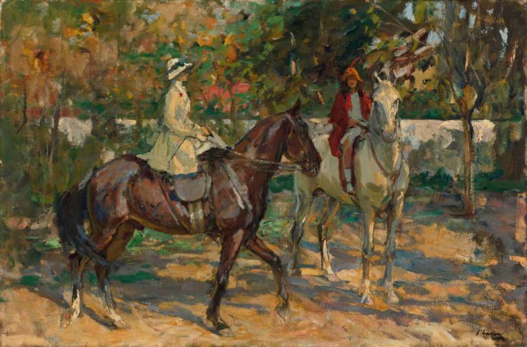 The Morning Ride,Morgonrittet,Sir John Lavery,Oljemålning,Oljemålning, utomhus, ridning, träd, häst, klänning