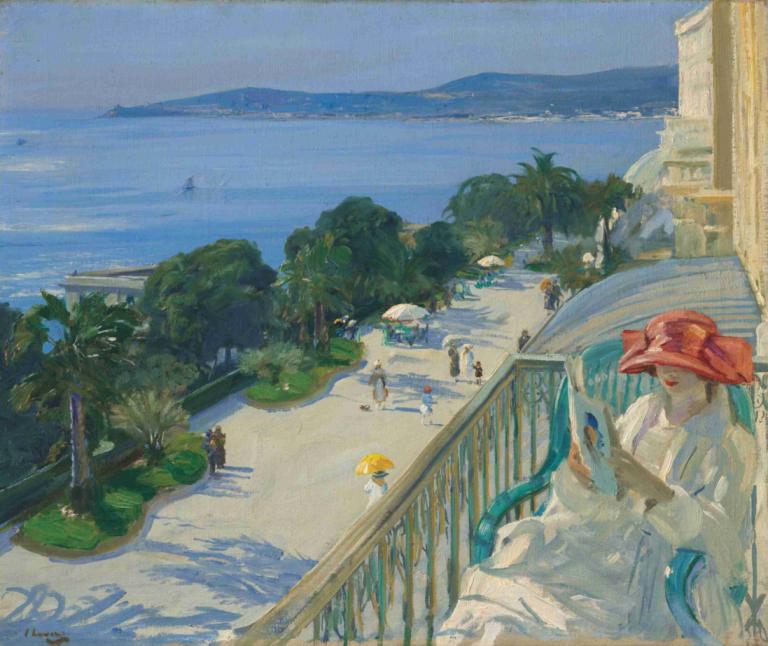 The Terrace, Cap d'Ail,Terrassen, Cap d'Ail,Sir John Lavery,Oljemålning,Oljemålning, utomhus, hatt, träd