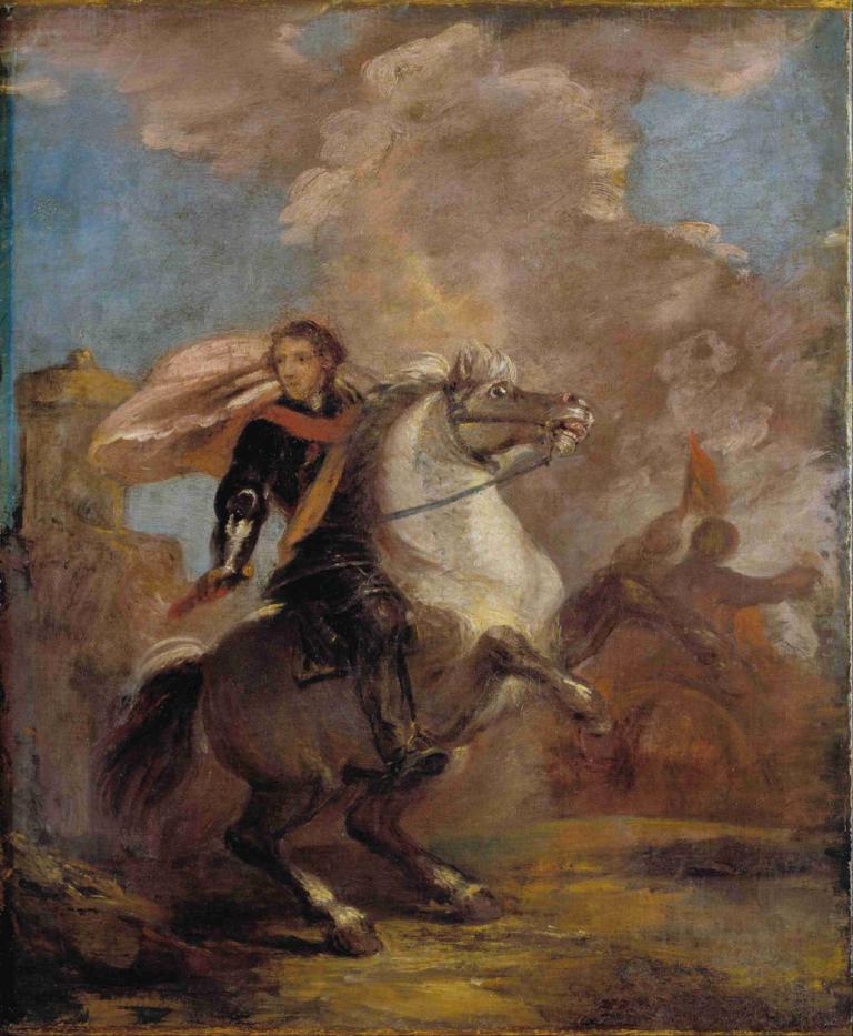 An Officer on Horseback,Sir Joshua Reynolds,Oil Painting,Oil Painting, horse, riding, horseback riding, 1boy