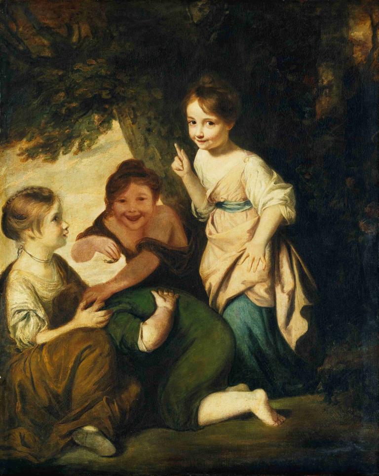 Crying Forfeits,Sir Joshua Reynolds,Oil Painting,Oil Painting, fine art parody, multiple girls, old woman