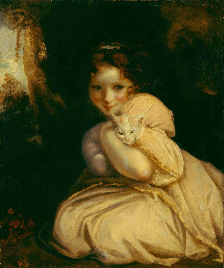 Felina with a Kitten,Sir Joshua Reynolds,Oil Painting,Oil Painting, 1girl, fine art parody, animal