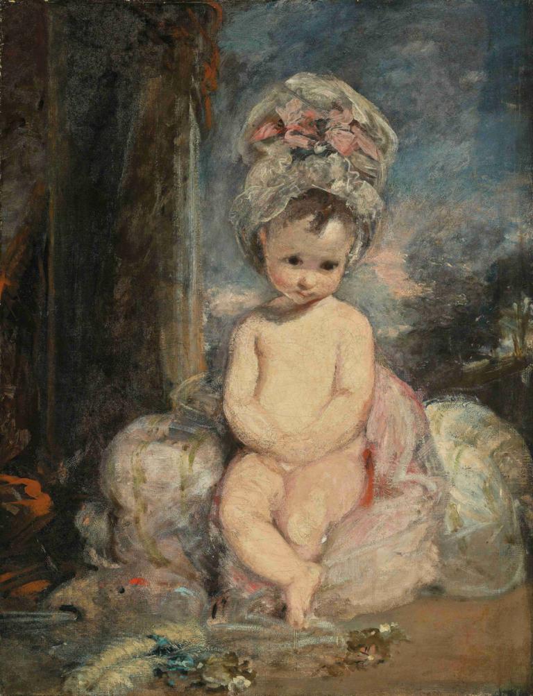 Infant Academy, The Mob Cap,Sir Joshua Reynolds,Oil Painting,Oil Painting, fine art parody, solo, nude