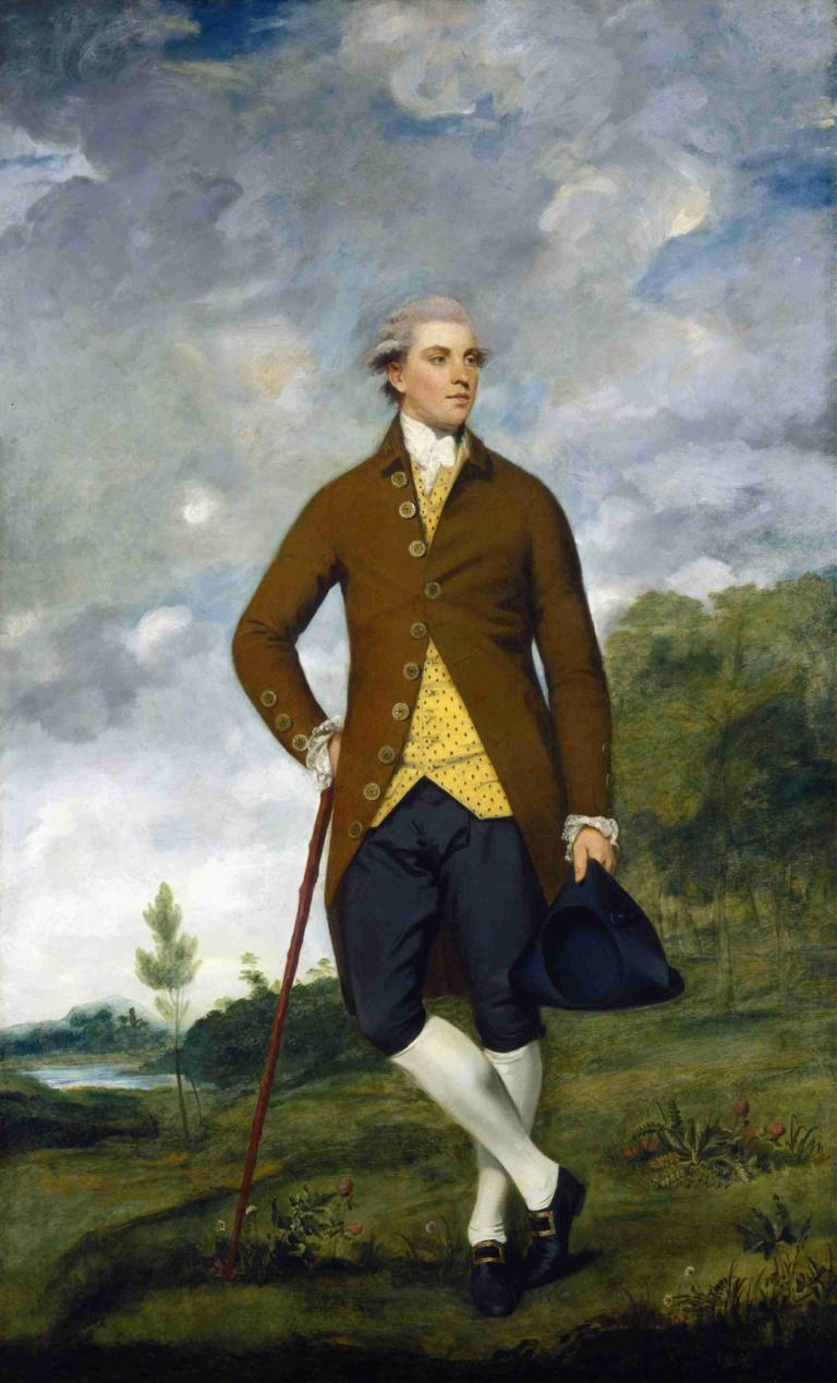 John Musters,Sir Joshua Reynolds,Oil Painting,Oil Painting, solo, 1boy, hat, male focus, cane, outdoors