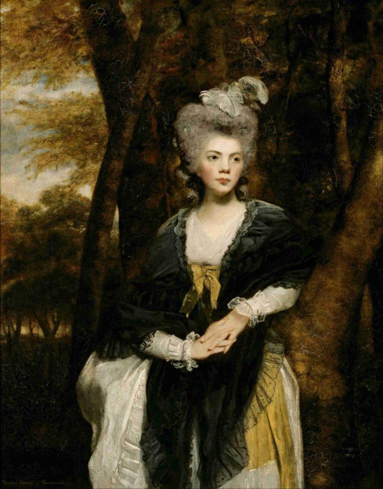 Lady Frances Finch,Sir Joshua Reynolds,Oil Painting,Oil Painting, 1girl, solo, fine art parody, tree, dress