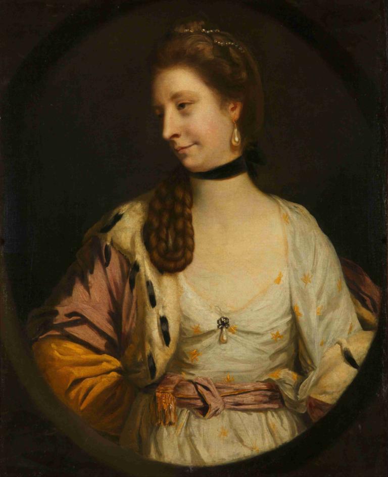 Lady Sondes,Sir Joshua Reynolds,Oil Painting,Oil Painting, 1girl, solo, jewelry, earrings, choker, brown hair