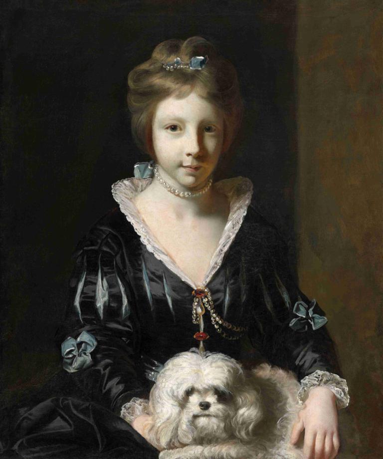 Miss Beatrix Lister,Sir Joshua Reynolds,Oil Painting,Oil Painting, fine art parody, 1girl, dog, dress, solo