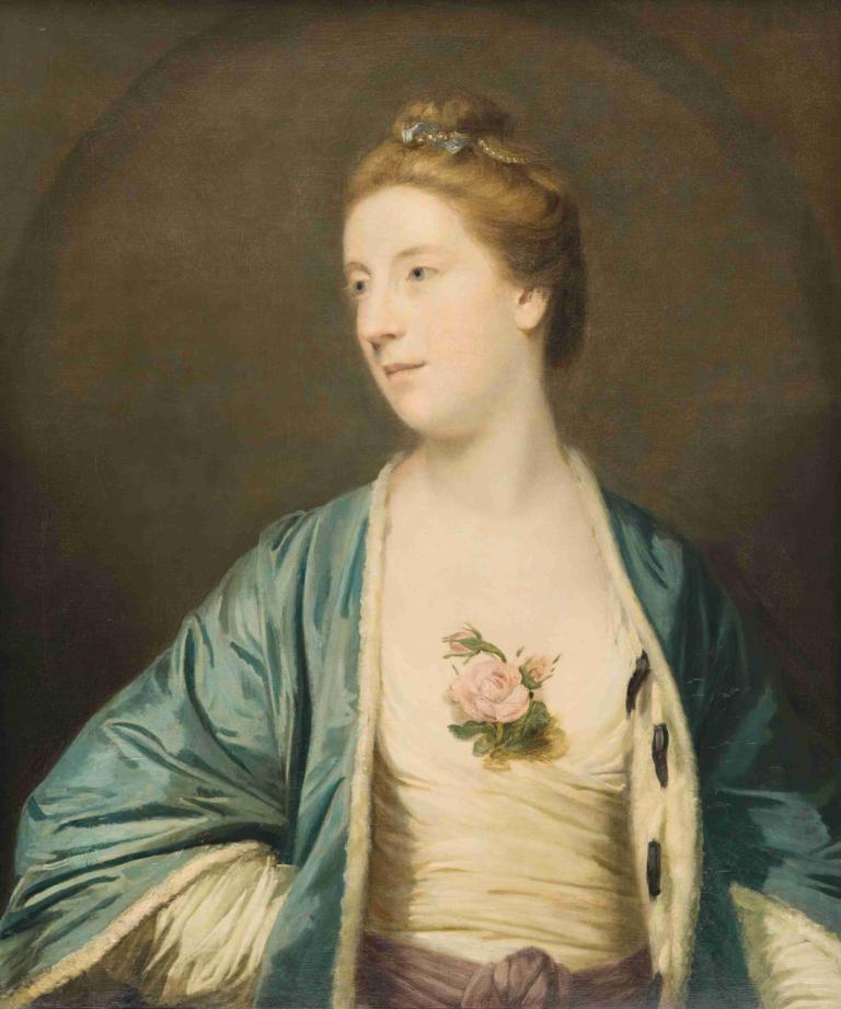 Mrs. Chalmers,Sir Joshua Reynolds,Oil Painting,Oil Painting, solo, 1girl, flower, brown hair, realistic