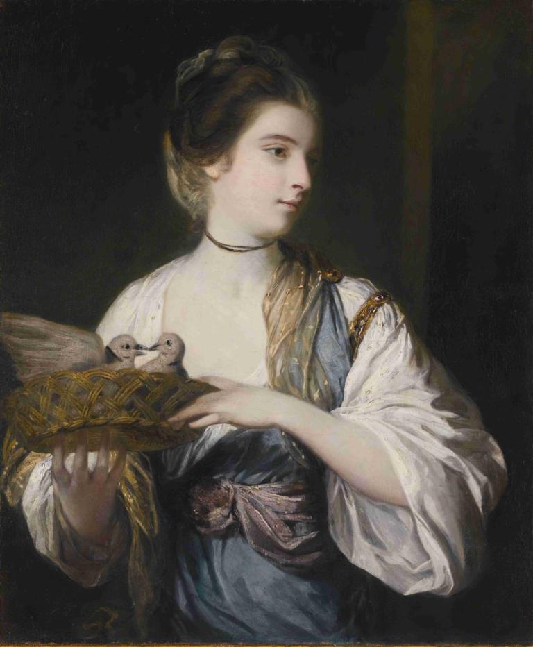 Nancy Reynolds With Doves,南希-雷诺兹与鸽子,Sir Joshua Reynolds,约书亚-雷诺兹爵士,油画,油画, 1个女孩, 独奏, 鸟, 白衬衫, 保持, 抱着动物, 长发, 长袖