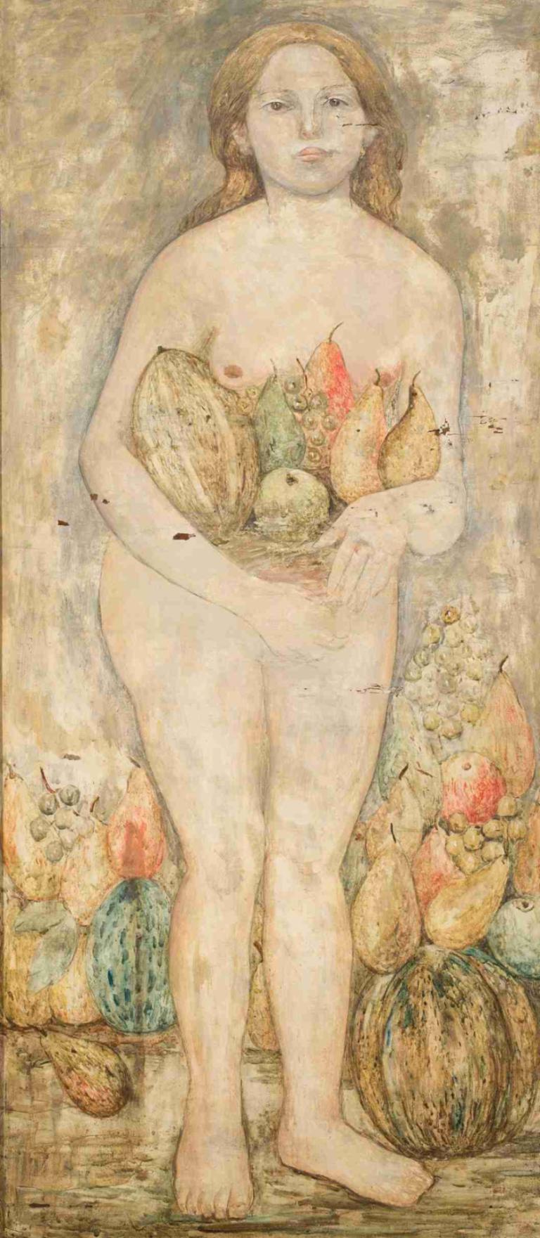 Abundance,Überfluss,Tadeusz Makowski,Ölgemälde,Ölgemälde, 1Mädchen, Solo, nackt, Obst, braune Haare