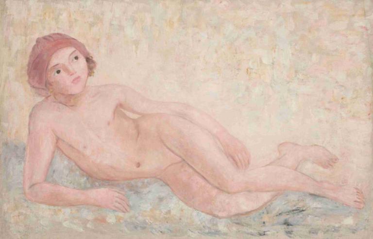 Akt dziewczynki leżącej,Tadeusz Makowski,Oil Painting,Oil Painting, solo, nude, 1girl, on side, nipples