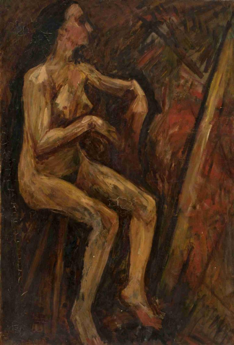 Akt kobiety siedzącej,Tadeusz Makowski,Oil Painting,Oil Painting, nude, solo, sitting, 1girl, completely nude