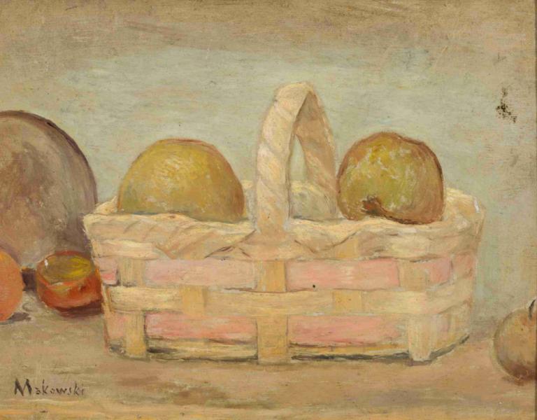 Apples in a basket,Tadeusz Makowski,Oil Painting,Oil Painting, food, no humans, food focus, fruit, cake