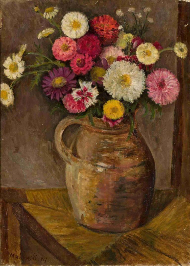 Asters and zinnias in a clay jug,粘土の水差しにアスターとジニア,Tadeusz Makowski,タデウシュ・マコフスキ,油絵,油絵, 花, 人間がいない, 白い花, 静物