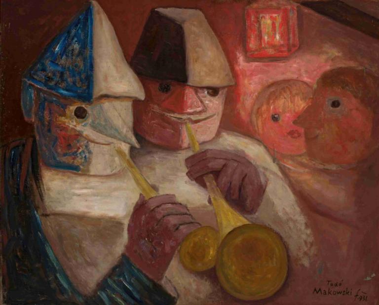 Ball,Tadeusz Makowski,Oljemaleri,Oljemaleri, instrument, flere gutter, kunstparodi, mannlig fokus, smil