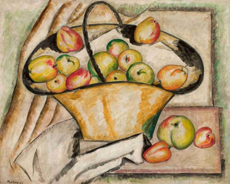 Basket with apples,リンゴ入りバスケット,Tadeusz Makowski,タデウシュ・マコフスキ,油絵,油絵, フルーツ, 食べ物, りんご, 従来のメディア, ソロ, 人間がいない, 色鉛筆（中）