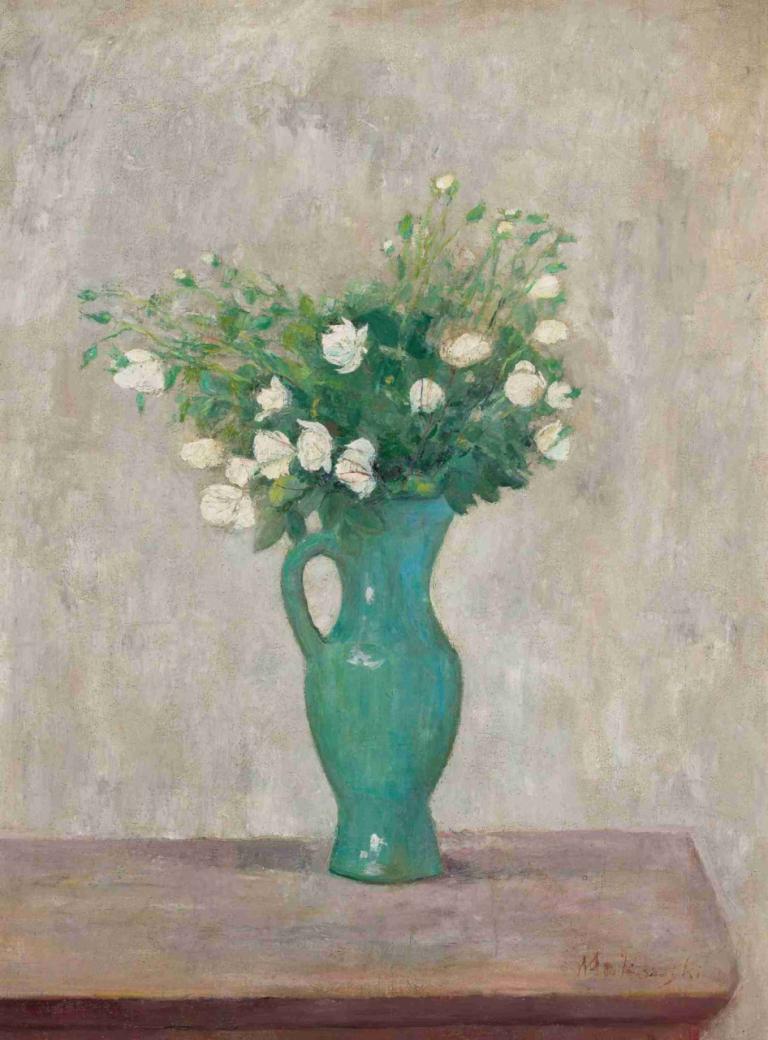 Bouquet in a green flower-vase,Tadeusz Makowski,Oil Painting,Oil Painting, white flower, flower, plant