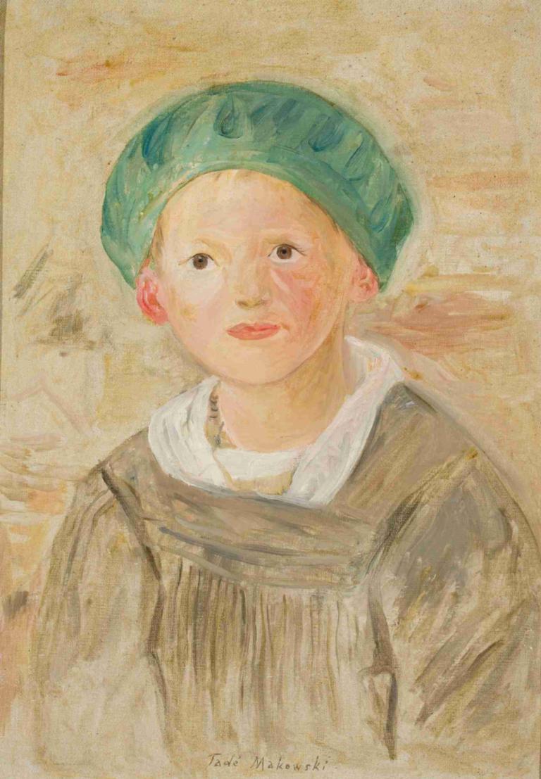 Boy in a green cap,Jongen met groene pet,Tadeusz Makowski,Olieverf,Olieverf, solo, hoed, traditionele media