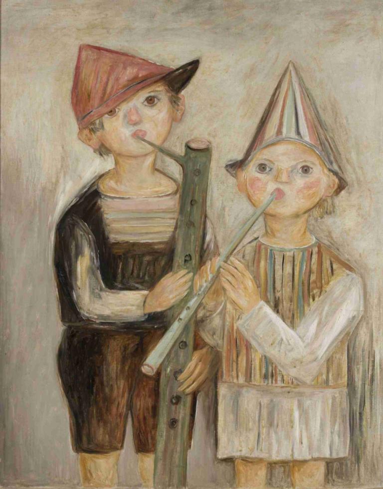 Boys with rural pipes,Tadeusz Makowski,Oil Painting,Oil Painting, instrument, hat, fine art parody