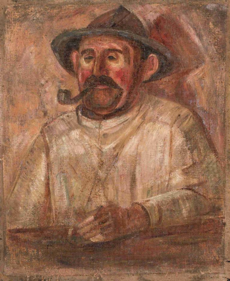 Bust of a man in a hat with a pipe,Borstbeeld van een man met een hoed en een pijp,Tadeusz Makowski,Olieverf