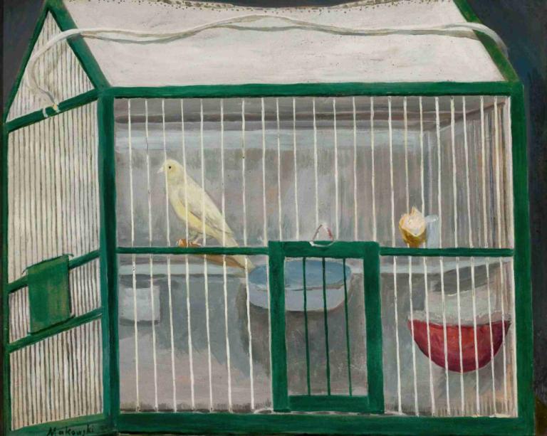 Cage with a canary,Kandang dengan burung kenari,Tadeusz Makowski,Lukisan cat minyak,Lukisan cat minyak