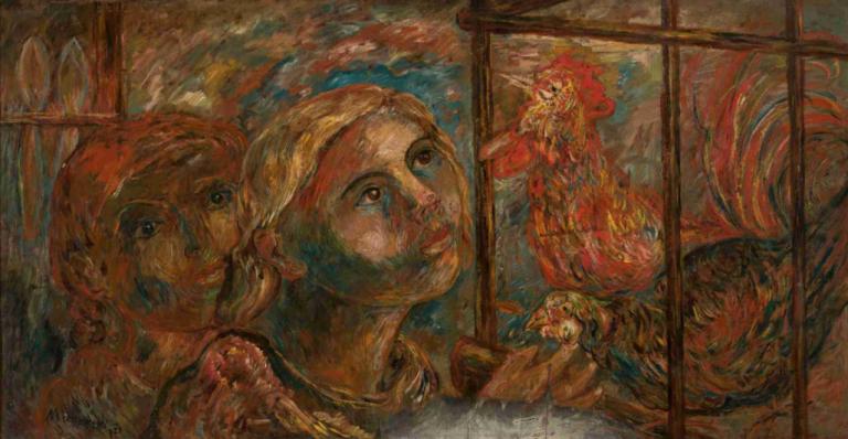 Children and roosters,Dzieci i koguty,Tadeusz Makowski,Obraz olejny,Obraz olejny, ptak, parodia sztuki, okno