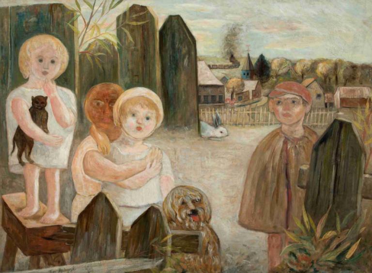 Children in a village backyard,Anak-anak di halaman belakang desa,Tadeusz Makowski,Lukisan cat minyak