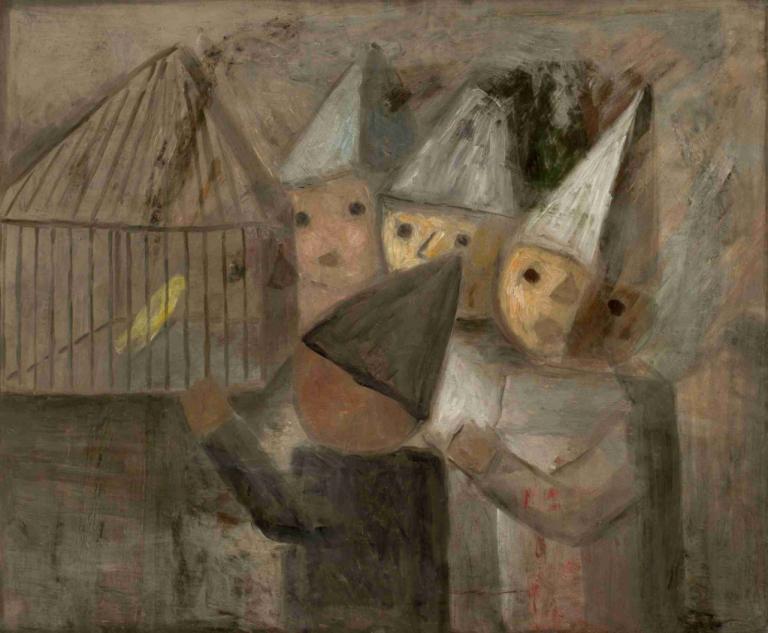 Children in front of a cage with a canary,Anak-anak di depan sangkar burung kenari,Tadeusz Makowski