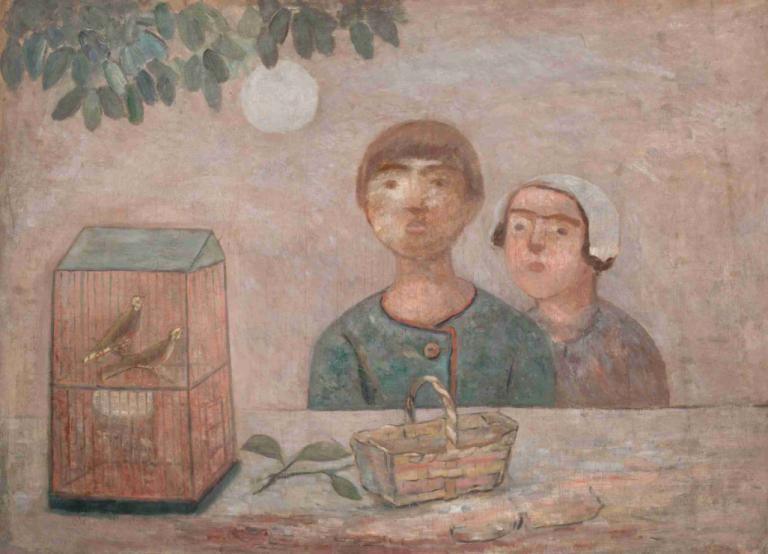 Children in front of a cage with little birds,Barn framför en bur med småfåglar,Tadeusz Makowski,Oljemålning