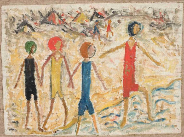 Children on a beach,Anak-anak di pantai,Tadeusz Makowski,Lukisan cat minyak,Lukisan cat minyak, banyak gadis