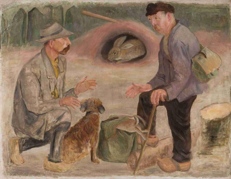 Conversation with a hunter,Konversation med en jägare,Tadeusz Makowski,Oljemålning,Oljemålning, 2 pojkar