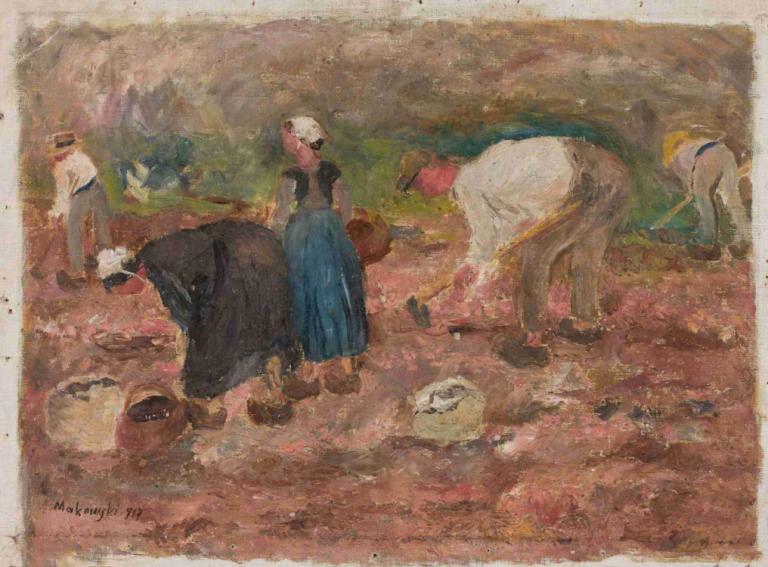 Digging potatoes,Menggali kentang,Tadeusz Makowski,Lukisan cat minyak,Lukisan cat minyak, 1 gadis, rok