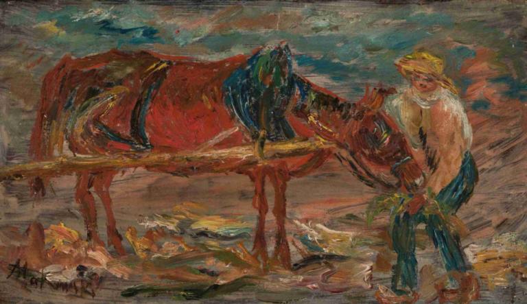 Feeding a horse,Memberi makan kuda,Tadeusz Makowski,Lukisan cat minyak,Lukisan cat minyak, rambut pirang