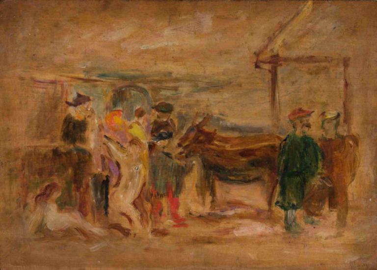 Figural scene with donkeys,Adegan figuratif dengan keledai,Tadeusz Makowski,Lukisan cat minyak