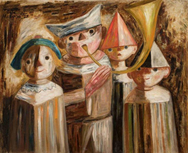 Four children with a trumpet,Empat anak dengan terompet,Tadeusz Makowski,Lukisan cat minyak