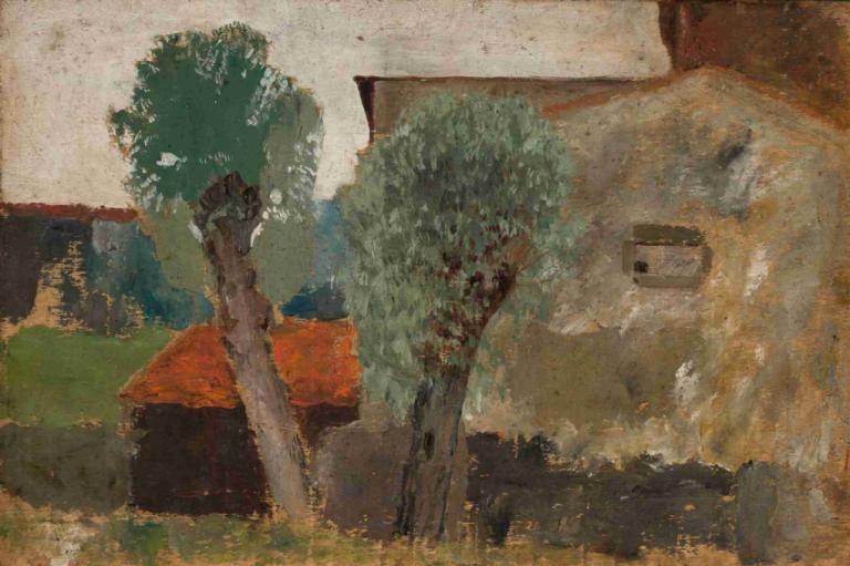 Fragment of a house with two trees,Fragmen rumah dengan dua pohon,Tadeusz Makowski,Lukisan cat minyak