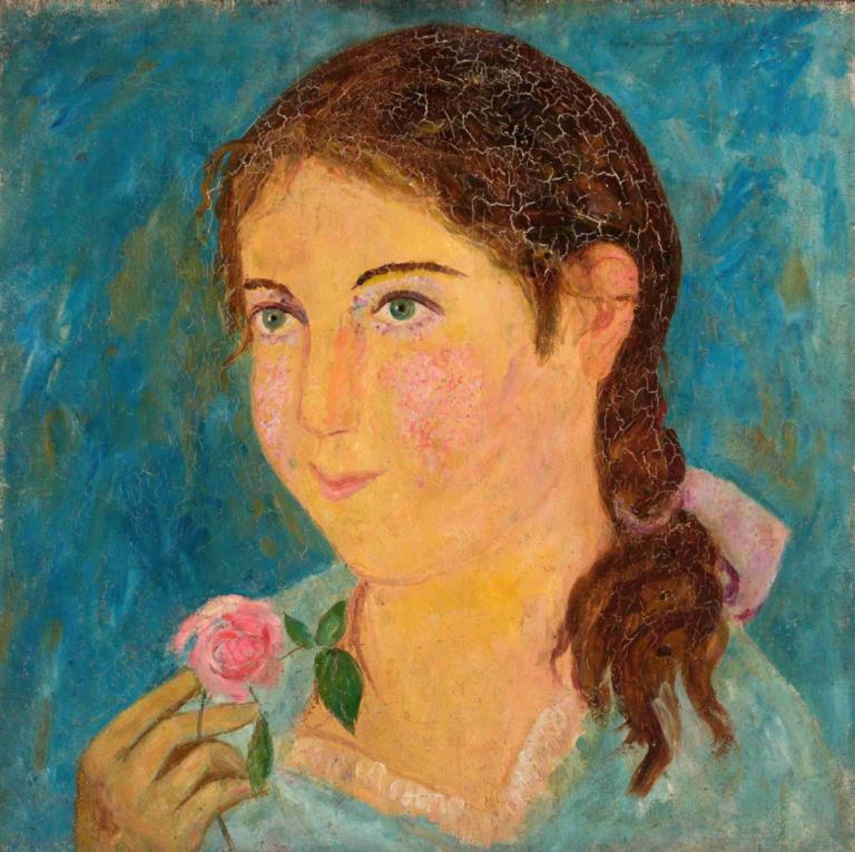 Girl holding a rose in her hand,Dívka držící růži v ruce,Tadeusz Makowski,Olejomalba,Olejomalba, 1 dívka