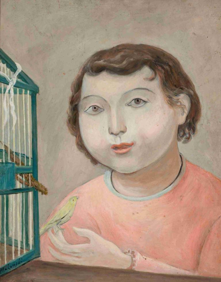 Girl with a canary,Dívka s kanárkem,Tadeusz Makowski,Olejomalba,Olejomalba, 1 dívka, hnědé vlasy, sólo, pták