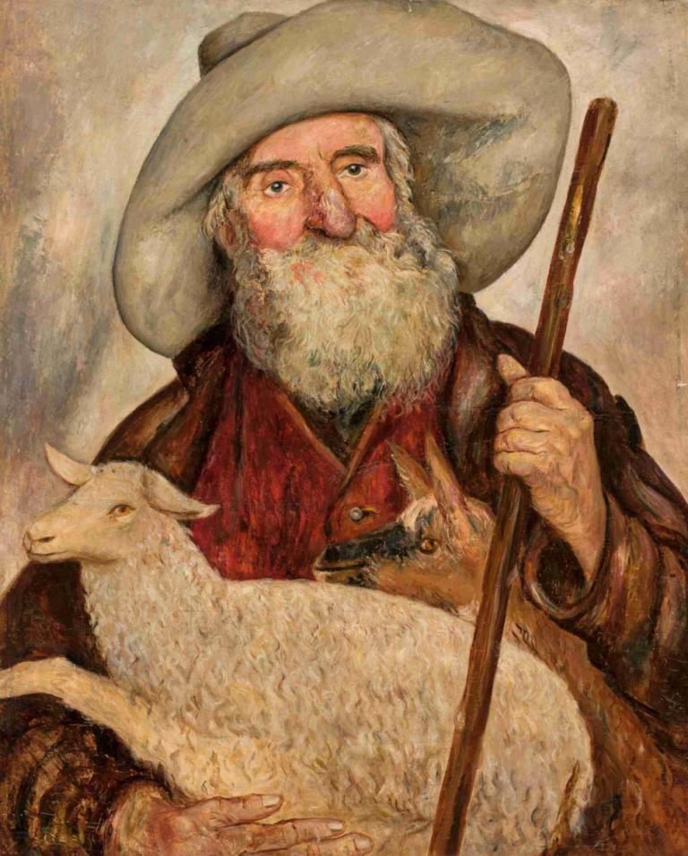 Good shepherd,Dobrý pastýř,Tadeusz Makowski,Olejomalba,Olejomalba, 1 kluk, starý, mužské zaměření, čepice