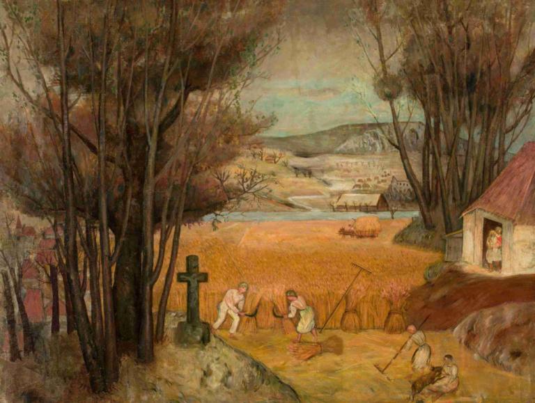 Harvest in a field,Høst på en åker,Tadeusz Makowski,Oljemaleri,Oljemaleri, tre, flere gutter, natur, hus