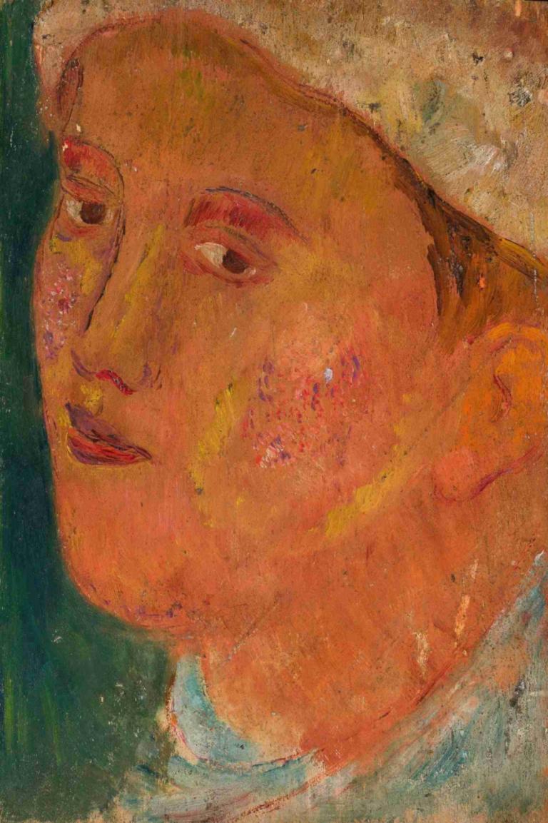 Head of a girl in a hat,Hodet til en jente i hatt,Tadeusz Makowski,Oljemaleri,Oljemaleri, solo, mannlig fokus