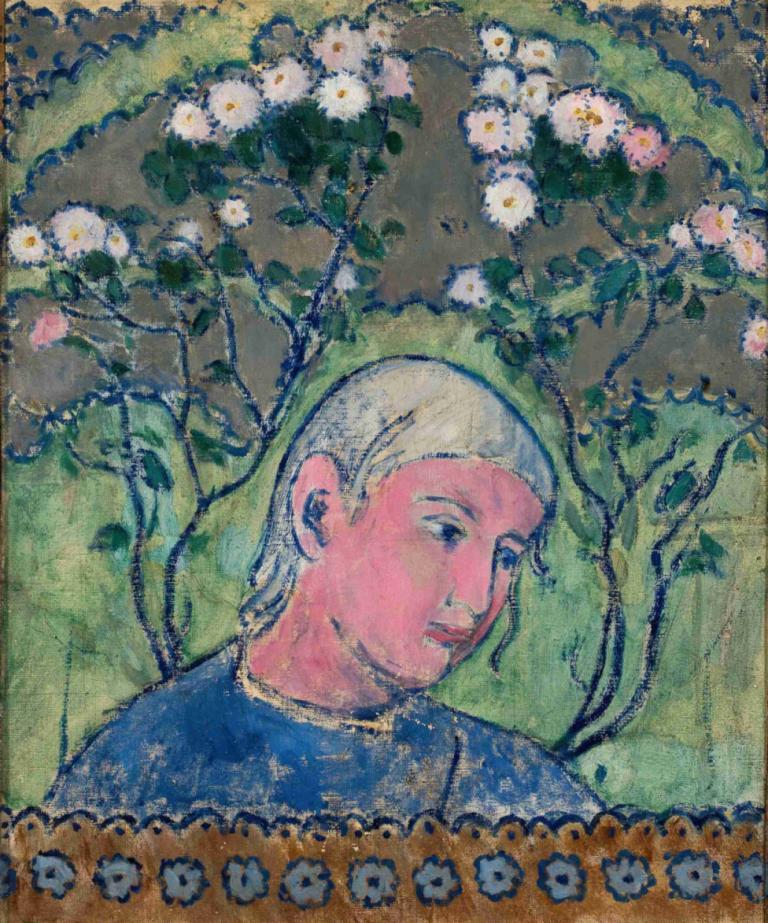 Head of a girl in flowers,Hodet til en jente i blomster,Tadeusz Makowski,Oljemaleri,Oljemaleri, solo, blomst