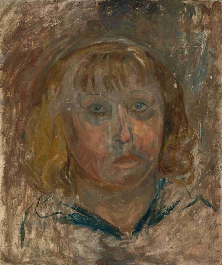 Head of a girl with a fringe,一個留著瀏海的女孩的頭,Tadeusz Makowski,油畫,油畫, 獨奏, 金髮, 肖像, 藍眼睛, 1個女孩, 看著觀眾, 傳統媒體, 繪畫般的