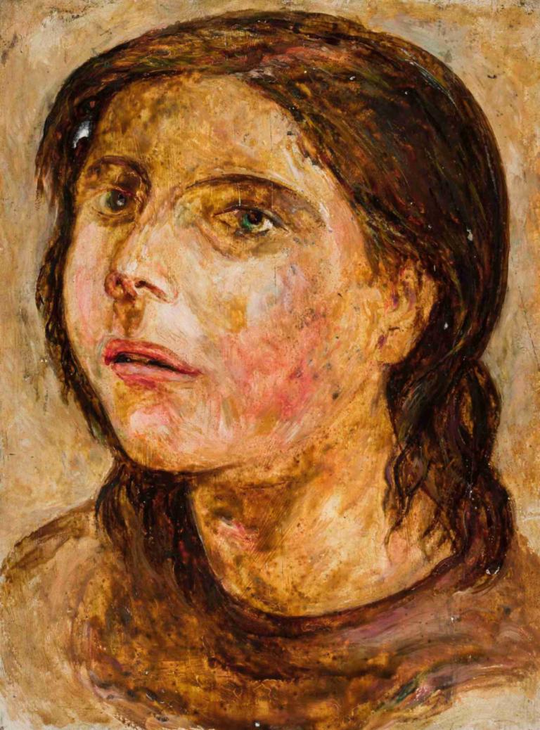 Head of a girl with a half-open mouth,Tadeusz Makowski,Oil Painting,Oil Painting, solo, brown hair, 1girl