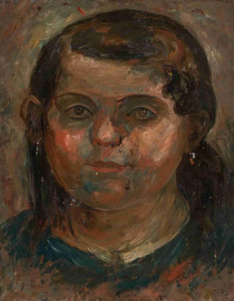 Head of a little girl in a blue dress,頭的一個小女孩在藍色的裙子,Tadeusz Makowski,油畫,油畫, 獨奏, 肖像, 實際的, 黑髮, 耳環, 珠寶, 傳統媒體