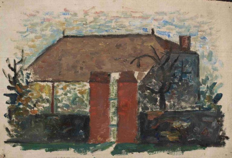 House with a red gate,有一扇紅門的房子,Tadeusz Makowski,油畫,油畫, 沒有人類, 樹, 戶外, 傳統媒體, 風景, 繪畫（中）